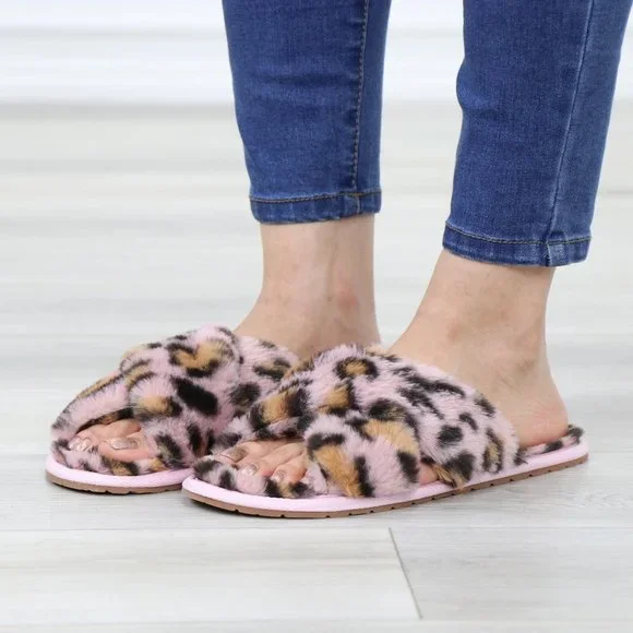 Cross Strap Leopard Blush Pink Puff Fuzzy Fluffy Slip On Plush Slippers - Picture 13 of 13